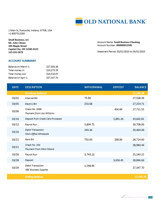 Download Old National Bank organization account statement Word and PDF template Photoshop template